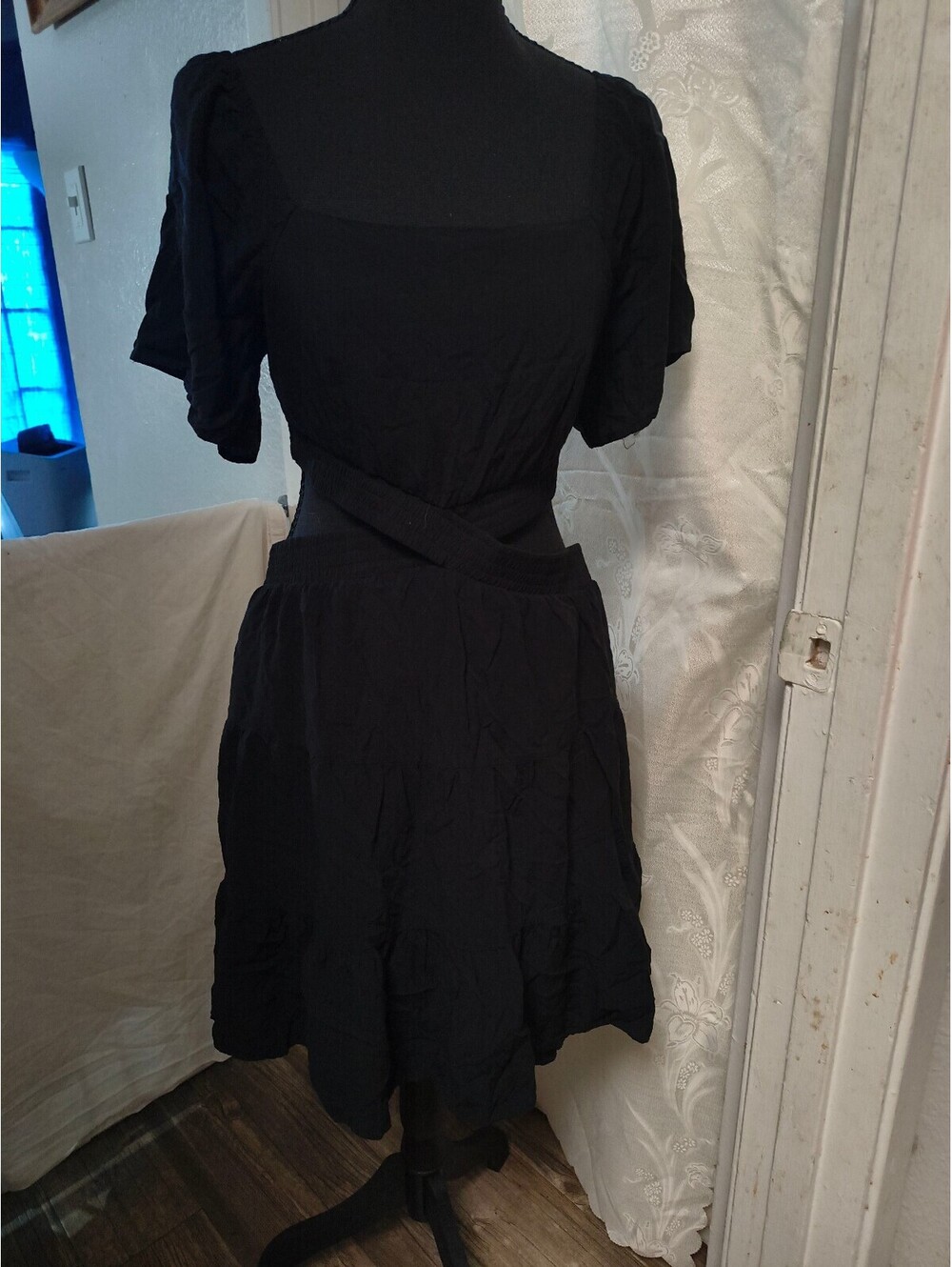 Black Short Leani Sleeve Dress with Smocked Waist and Square Neckline